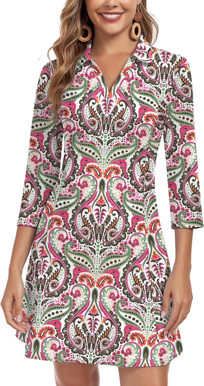 Woweny 3/4 Sleeve Dress For Women With Pockets V Neck Upf 50+ Casual Sun Dress Breathable Quick Dry Beach Vacation - Pink Green Paisley