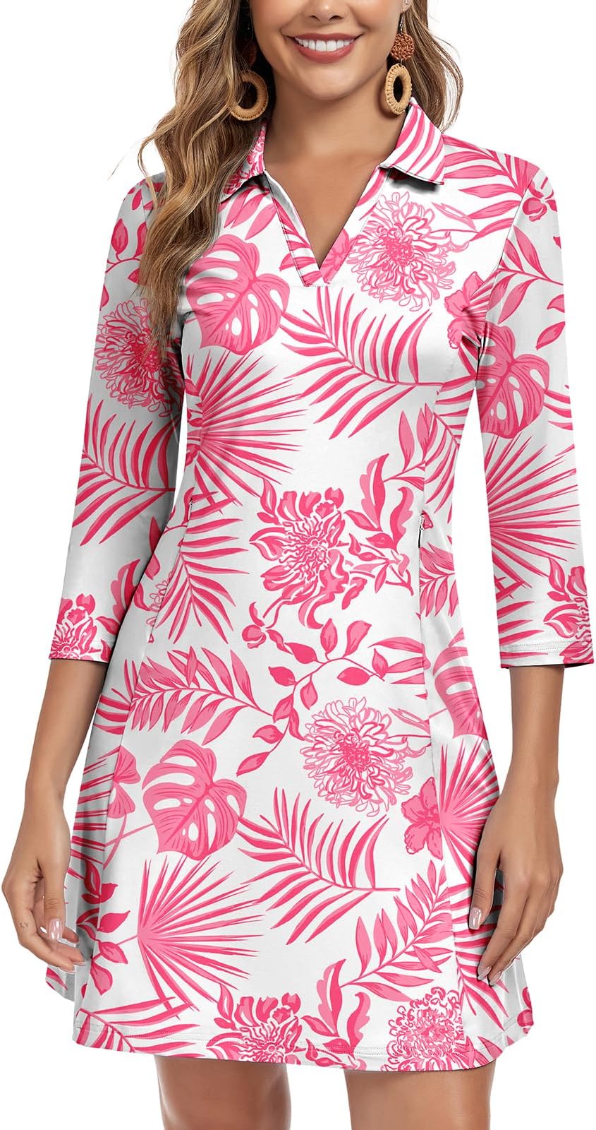 Woweny 3/4 Sleeve Dress For Women With Pockets V Neck Upf 50+ Casual Sun Dress Breathable Quick Dry Beach Vacation - Pink Leaves