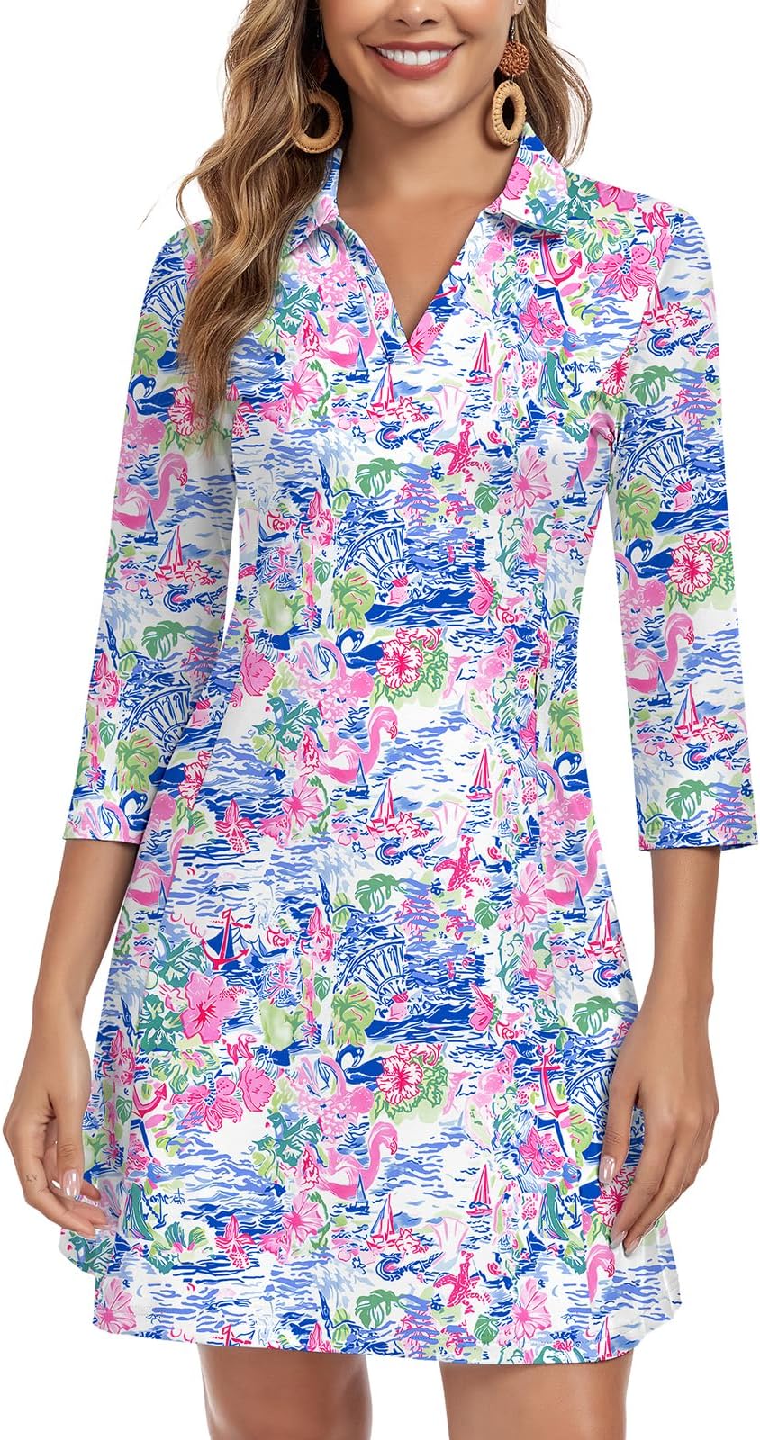 Woweny 3/4 Sleeve Dress For Women With Pockets V Neck Upf 50+ Casual Sun Dress Breathable Quick Dry Beach Vacation - Ocean Bloom