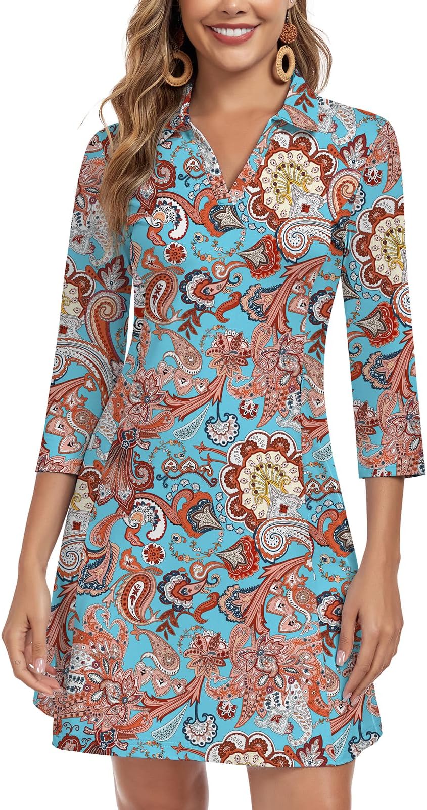Woweny 3/4 Sleeve Dress For Women With Pockets V Neck Upf 50+ Casual Sun Dress Breathable Quick Dry Beach Vacation - Bohemian Paisley