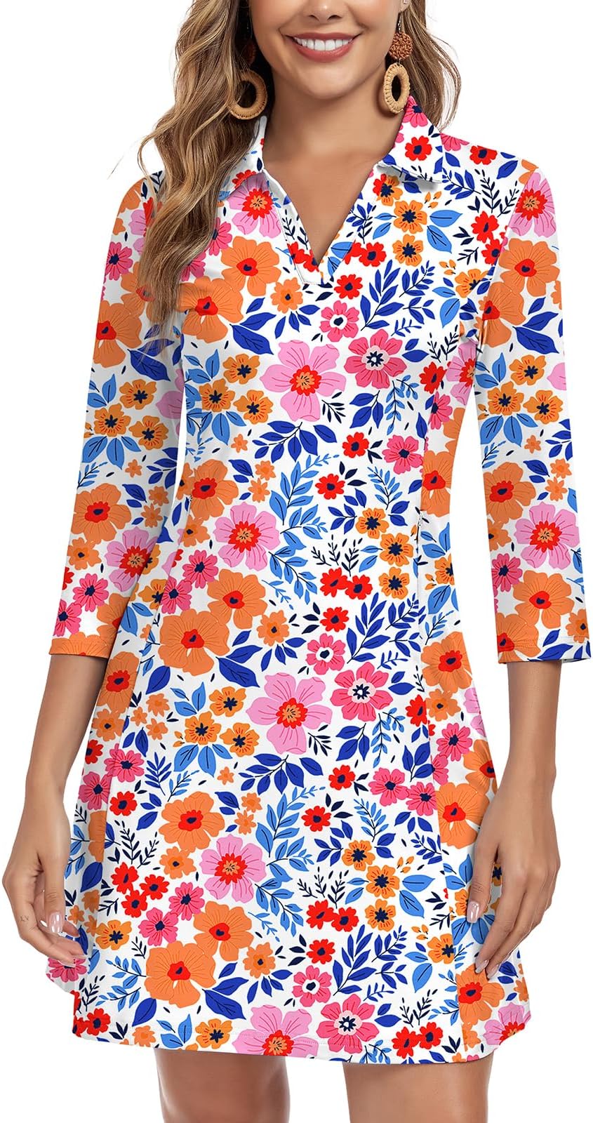 Woweny 3/4 Sleeve Dress For Women With Pockets V Neck Upf 50+ Casual Sun Dress Breathable Quick Dry Beach Vacation - Floral
