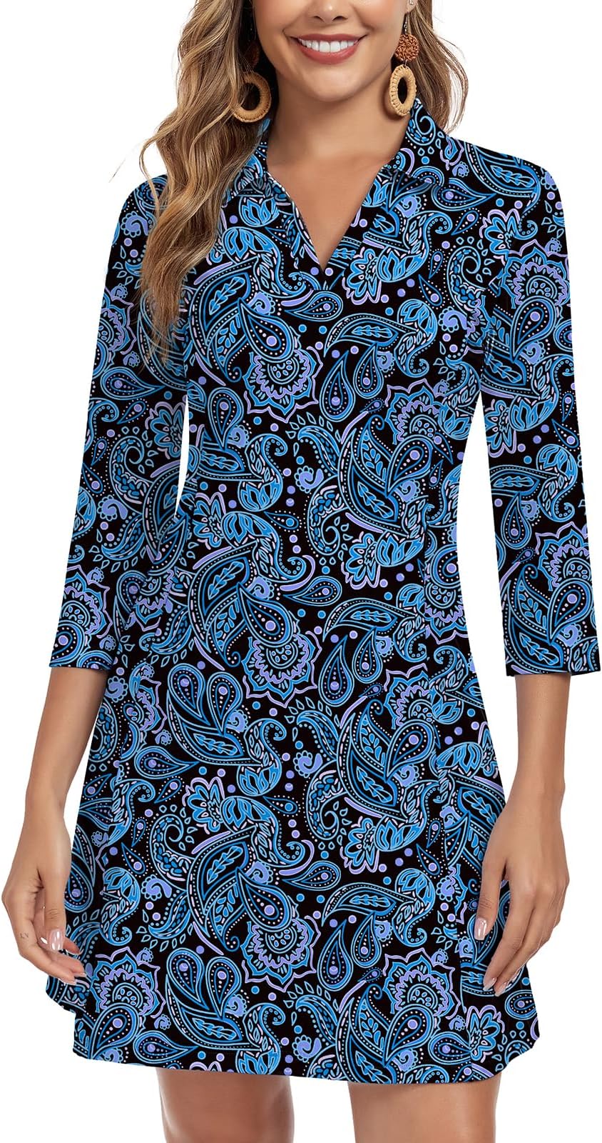 Woweny 3/4 Sleeve Dress For Women With Pockets V Neck Upf 50+ Casual Sun Dress Breathable Quick Dry Beach Vacation - Black Paisley