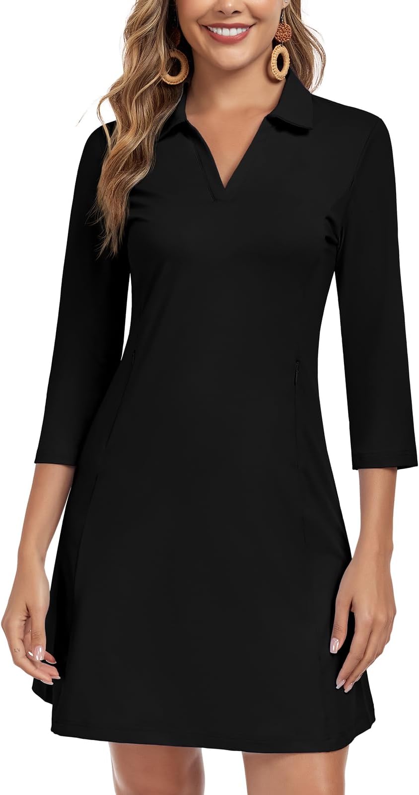 Woweny 3/4 Sleeve Dress For Women With Pockets V Neck Upf 50+ Casual Sun Dress Breathable Quick Dry Beach Vacation - Black