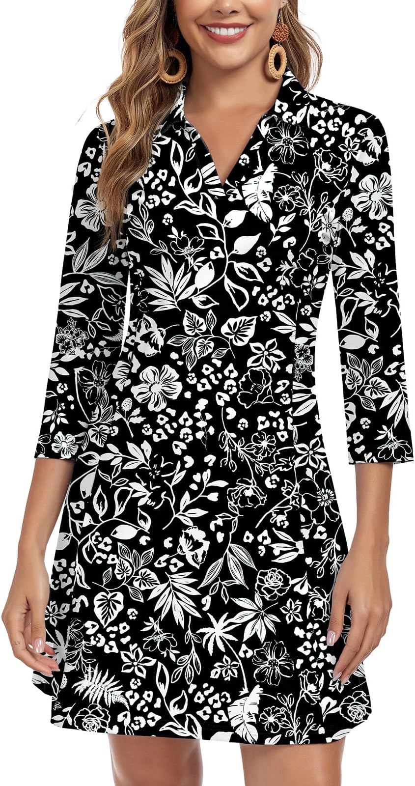 Woweny 3/4 Sleeve Dress For Women With Pockets V Neck Upf 50+ Casual Sun Dress Breathable Quick Dry Beach Vacation - Abstract Floral