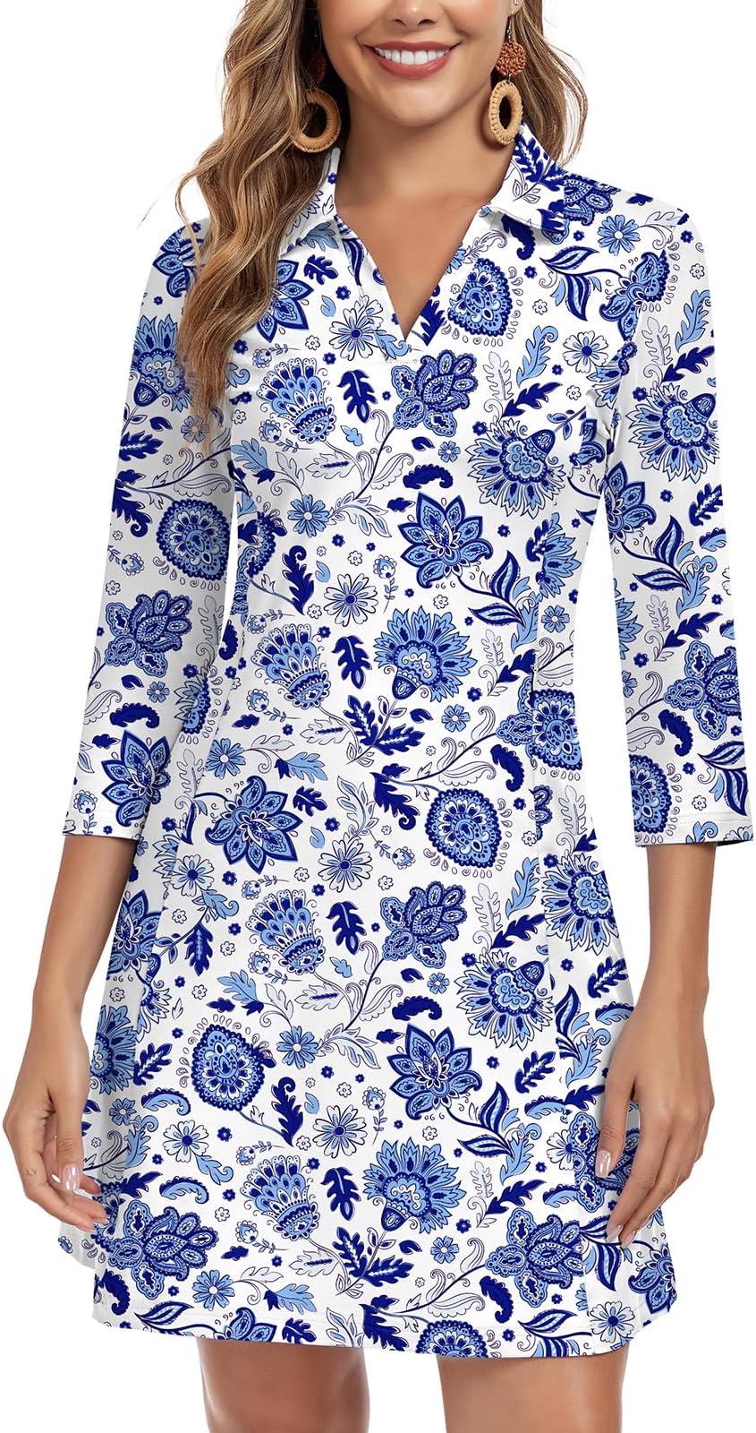 Woweny 3/4 Sleeve Dress For Women With Pockets V Neck Upf 50+ Casual Sun Dress Breathable Quick Dry Beach Vacation - Blue White Porcelain