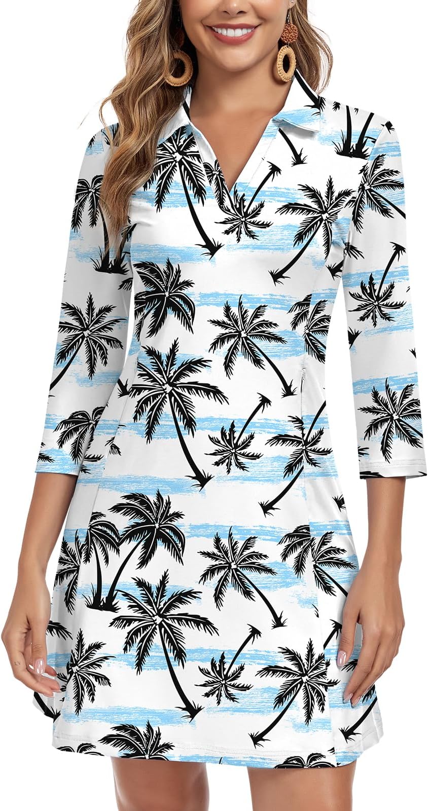 Woweny 3/4 Sleeve Dress For Women With Pockets V Neck Upf 50+ Casual Sun Dress Breathable Quick Dry Beach Vacation - Coconut Trees
