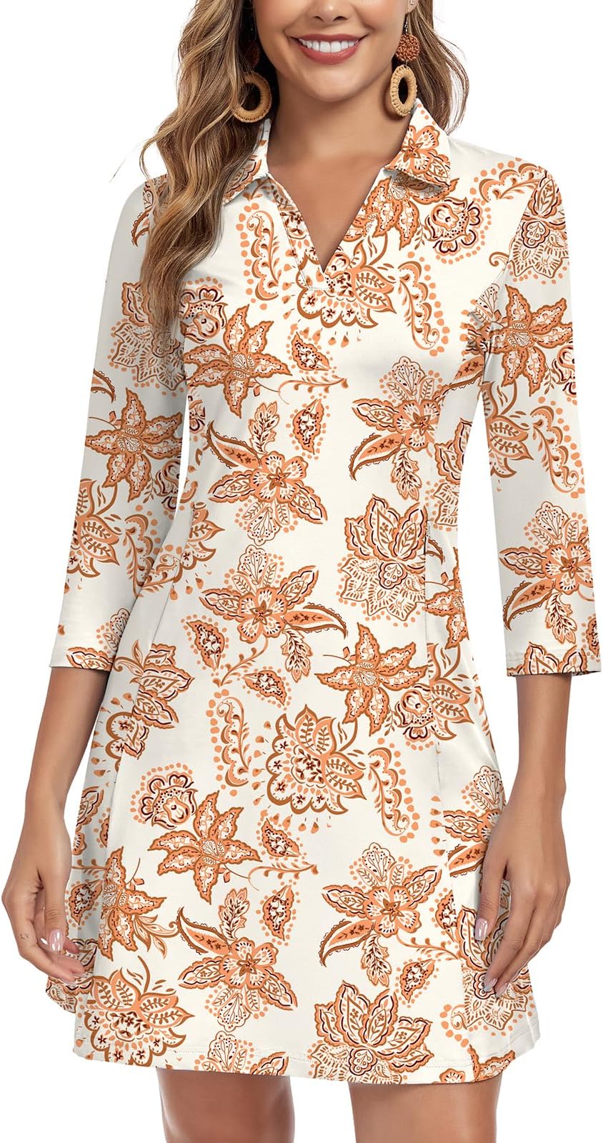 Woweny 3/4 Sleeve Dress For Women With Pockets V Neck Upf 50+ Casual Sun Dress Breathable Quick Dry Beach Vacation - Brown Paisley Floral