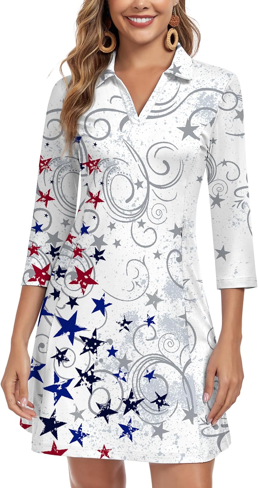Woweny 3/4 Sleeve Dress For Women With Pockets V Neck Upf 50+ Casual Sun Dress Breathable Quick Dry Beach Vacation - U.s. Stars