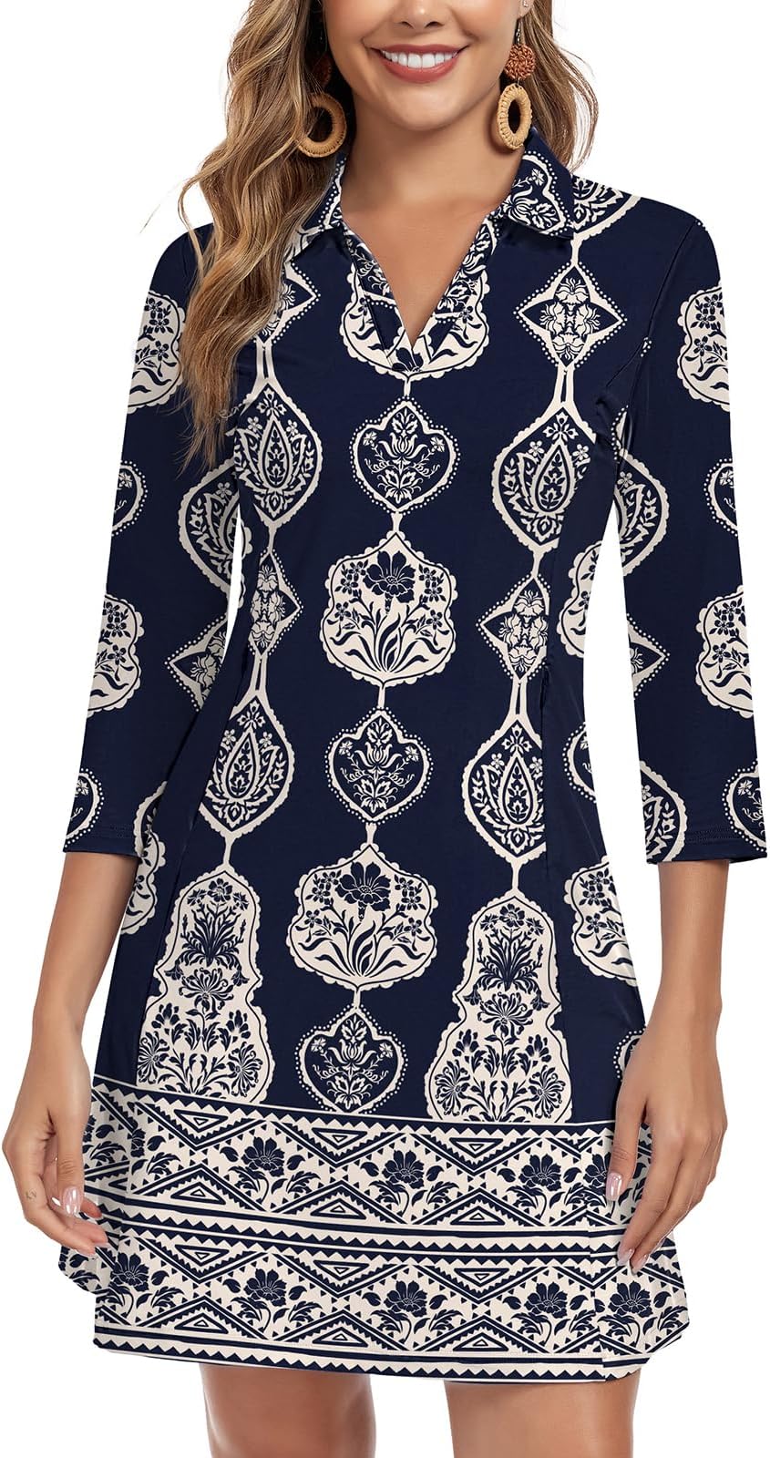 Woweny 3/4 Sleeve Dress For Women With Pockets V Neck Upf 50+ Casual Sun Dress Breathable Quick Dry Beach Vacation - Navy Damask