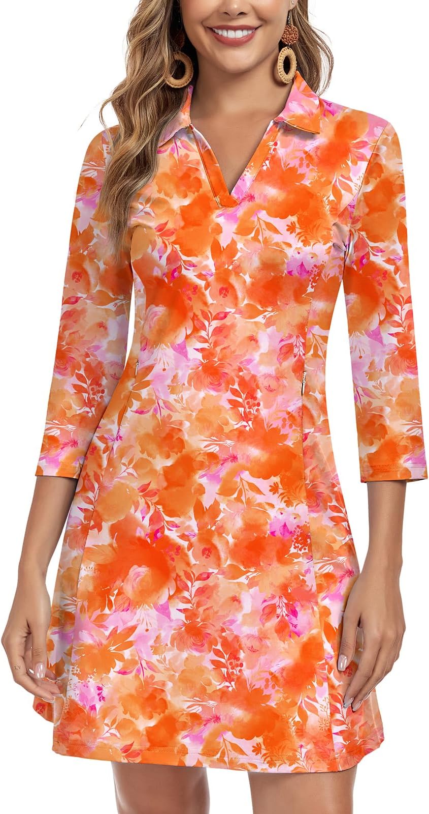 Woweny 3/4 Sleeve Dress For Women With Pockets V Neck Upf 50+ Casual Sun Dress Breathable Quick Dry Beach Vacation - Watercolor Coral