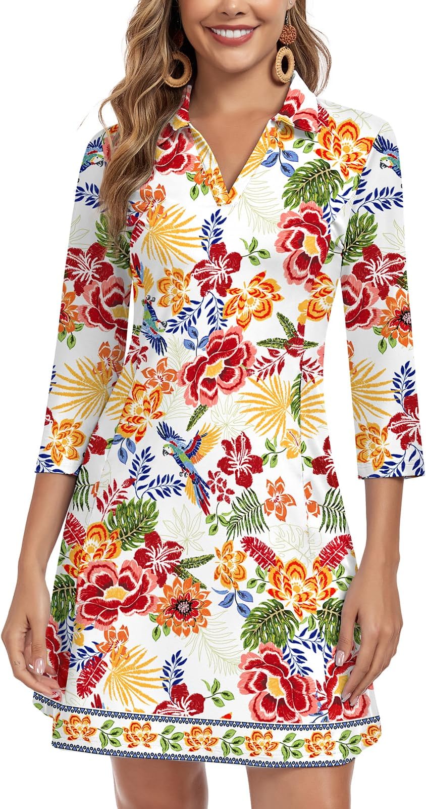 Woweny 3/4 Sleeve Dress For Women With Pockets V Neck Upf 50+ Casual Sun Dress Breathable Quick Dry Beach Vacation - Tropical Parrot