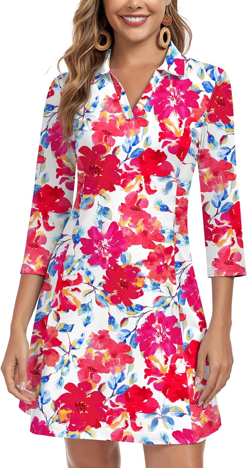 Woweny 3/4 Sleeve Dress For Women With Pockets V Neck Upf 50+ Casual Sun Dress Breathable Quick Dry Beach Vacation - Red Bloom