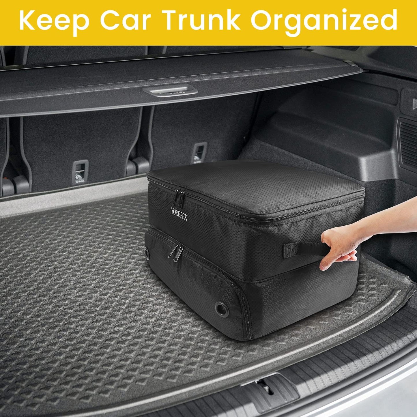 Yorepek 2 Layer Golf Trunk Organizer, Golf Gifts For Men With Separate Ventilated Compartment For 2 Pair Shoes, Waterproof Car Trunk Locker For Balls, Tees, Clothes, Gloves, Gifts For Golfers - Standard-Black