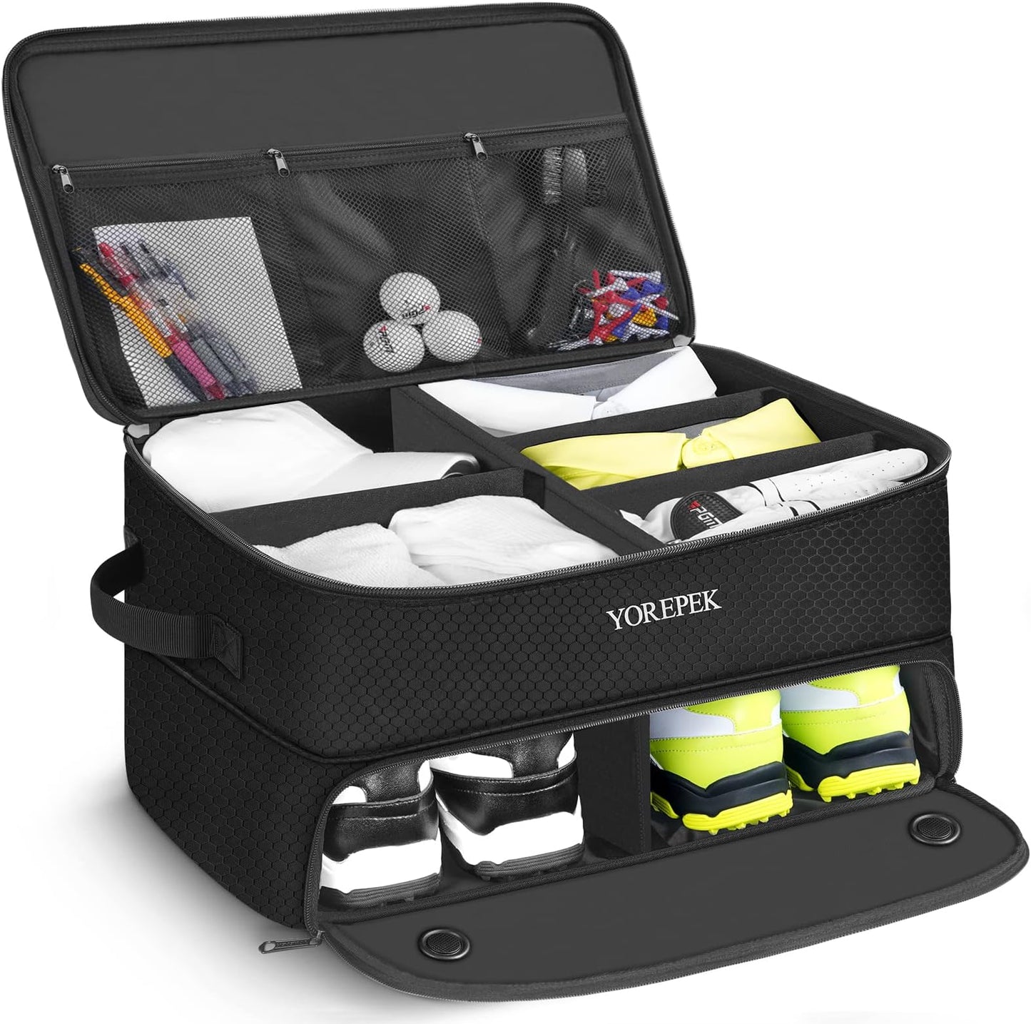 Yorepek 2 Layer Golf Trunk Organizer, Golf Gifts For Men With Separate Ventilated Compartment For 2 Pair Shoes, Waterproof Car Trunk Locker For Balls, Tees, Clothes, Gloves, Gifts For Golfers - Large-Black