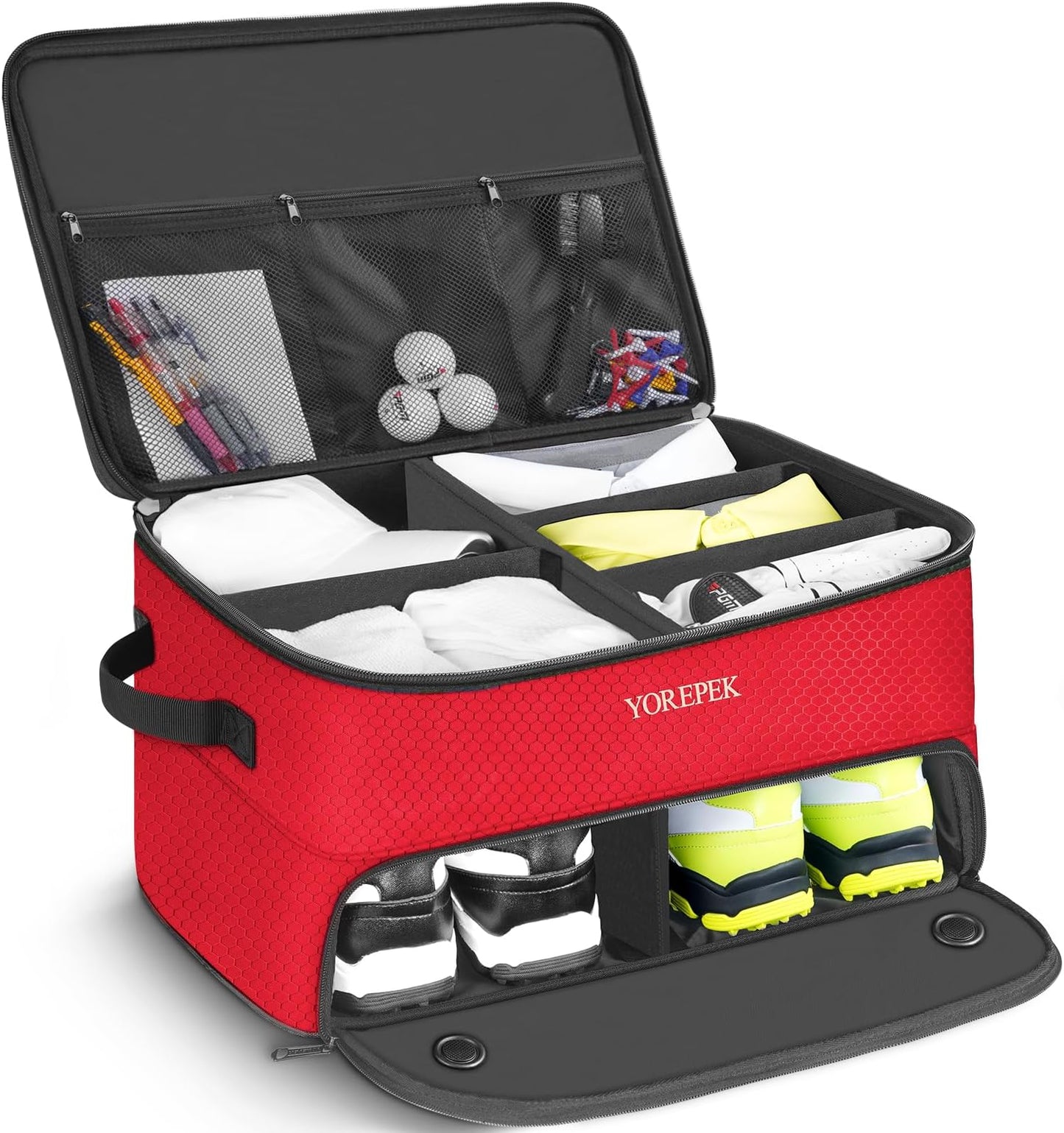 Yorepek 2 Layer Golf Trunk Organizer, Golf Gifts For Men With Separate Ventilated Compartment For 2 Pair Shoes, Waterproof Car Trunk Locker For Balls, Tees, Clothes, Gloves, Gifts For Golfers - Standard-Red