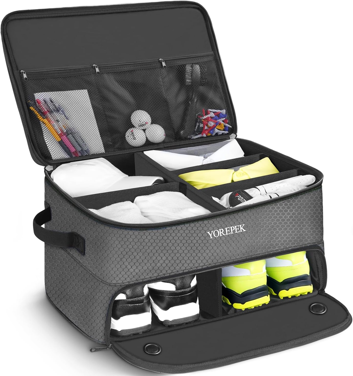 Yorepek 2 Layer Golf Trunk Organizer, Golf Gifts For Men With Separate Ventilated Compartment For 2 Pair Shoes, Waterproof Car Trunk Locker For Balls, Tees, Clothes, Gloves, Gifts For Golfers - Standard-Grey