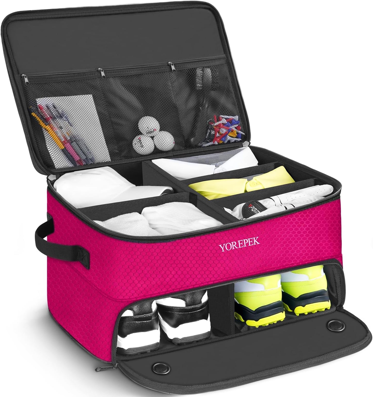 Yorepek 2 Layer Golf Trunk Organizer, Golf Gifts For Men With Separate Ventilated Compartment For 2 Pair Shoes, Waterproof Car Trunk Locker For Balls, Tees, Clothes, Gloves, Gifts For Golfers - Standard-Pink