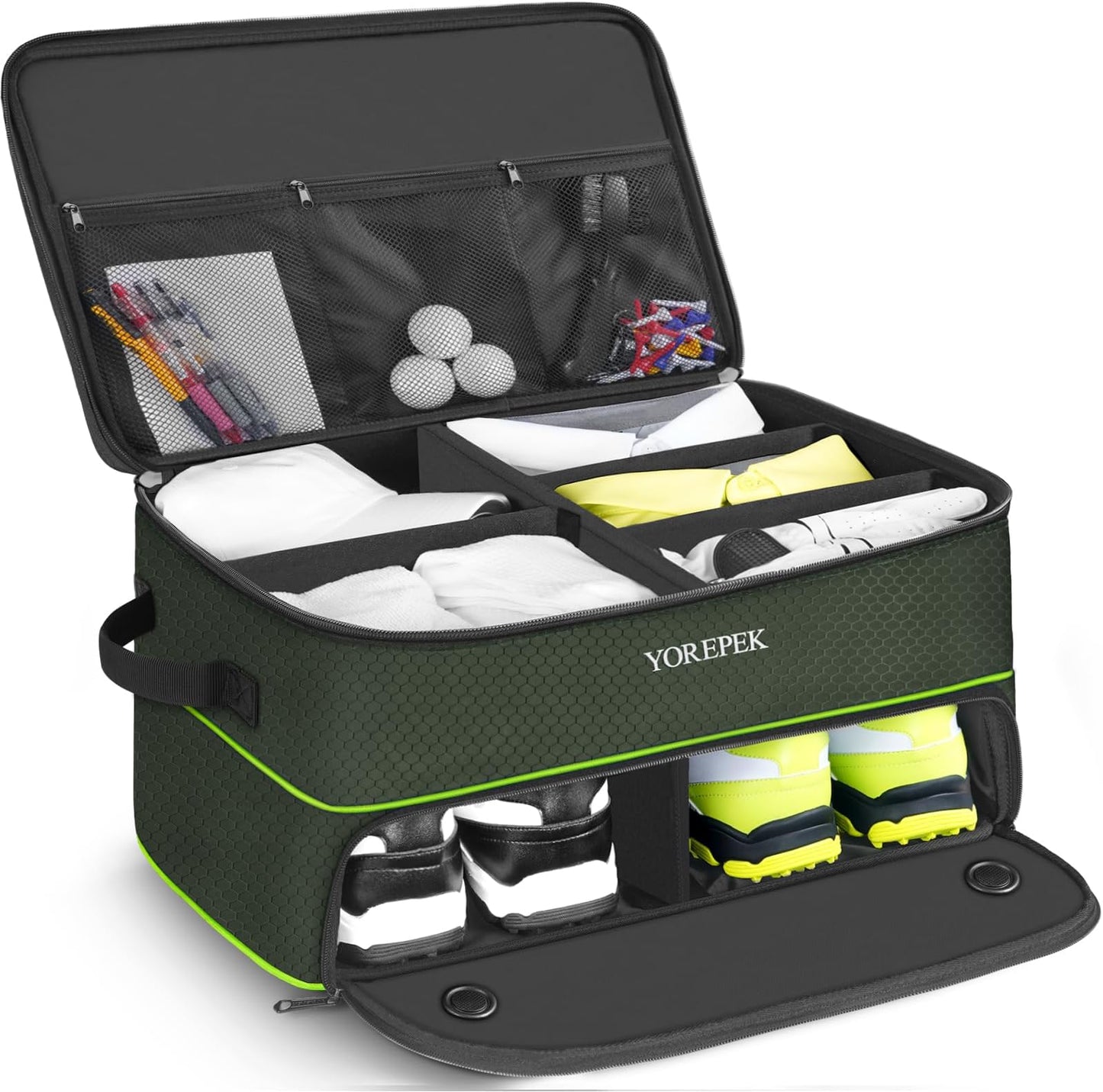 Yorepek 2 Layer Golf Trunk Organizer, Golf Gifts For Men With Separate Ventilated Compartment For 2 Pair Shoes, Waterproof Car Trunk Locker For Balls, Tees, Clothes, Gloves, Gifts For Golfers - Large-Green