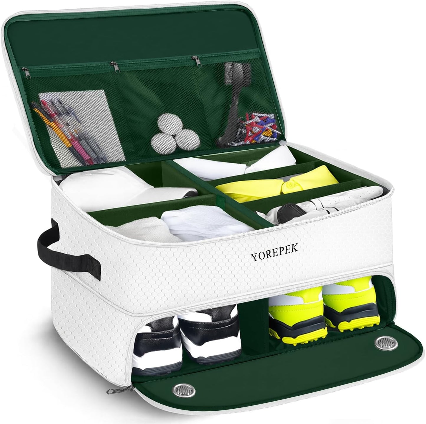 Yorepek 2 Layer Golf Trunk Organizer, Golf Gifts For Men With Separate Ventilated Compartment For 2 Pair Shoes, Waterproof Car Trunk Locker For Balls, Tees, Clothes, Gloves, Gifts For Golfers - Standard-White